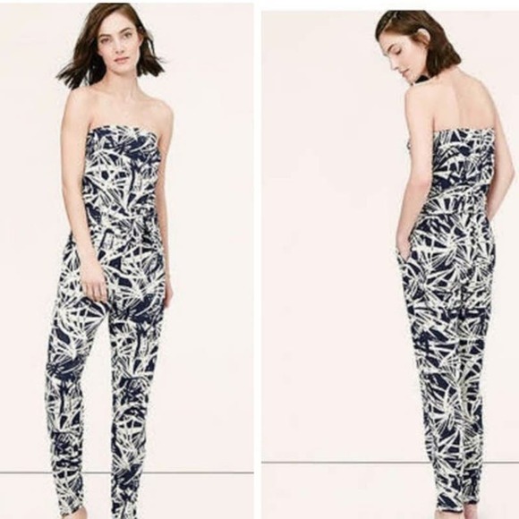 Ann Taylor Loft Blue & Cream Linen Blend Strapless Tie‎ Waist Jumpsuit. Size 2P - Picture 1 of 13